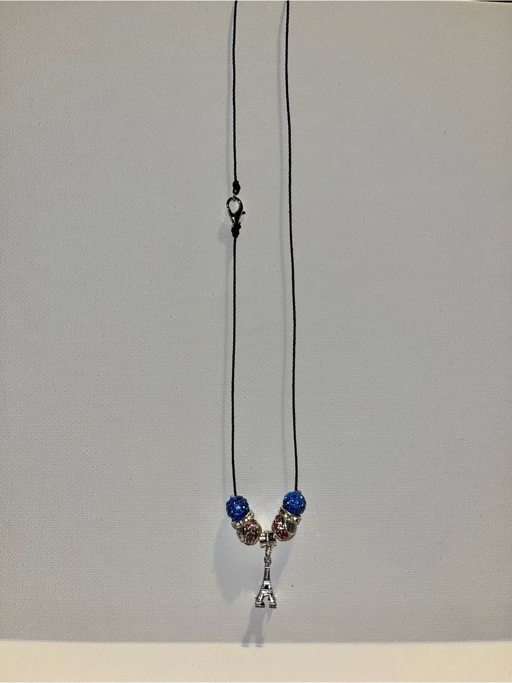 Eiffel Tower Charm Necklace with Blue and Multicolor Beads